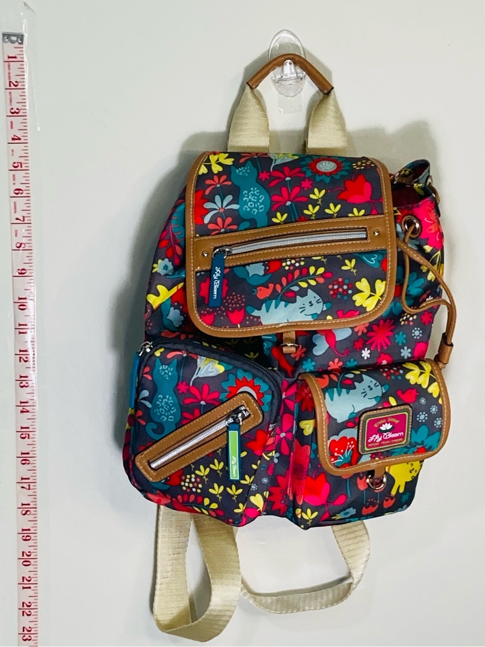 LIKE NEW Lily Bloom Colorful Floral Kitty Cat Teal and Red Kids Backpack